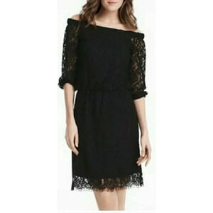 White House Black Market Dress Black Off Shoulder Allover Lace Sz 6